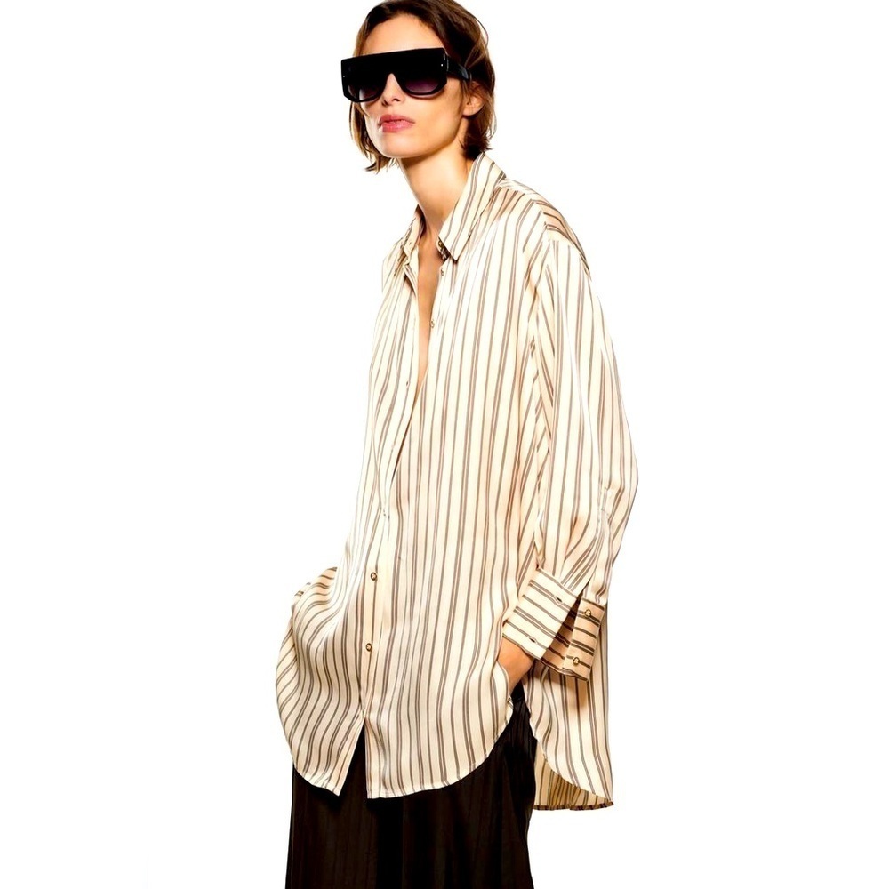 Zara - Tan And White Stripe Button Down Polyester Oversized Long Sleeve Shirt XS